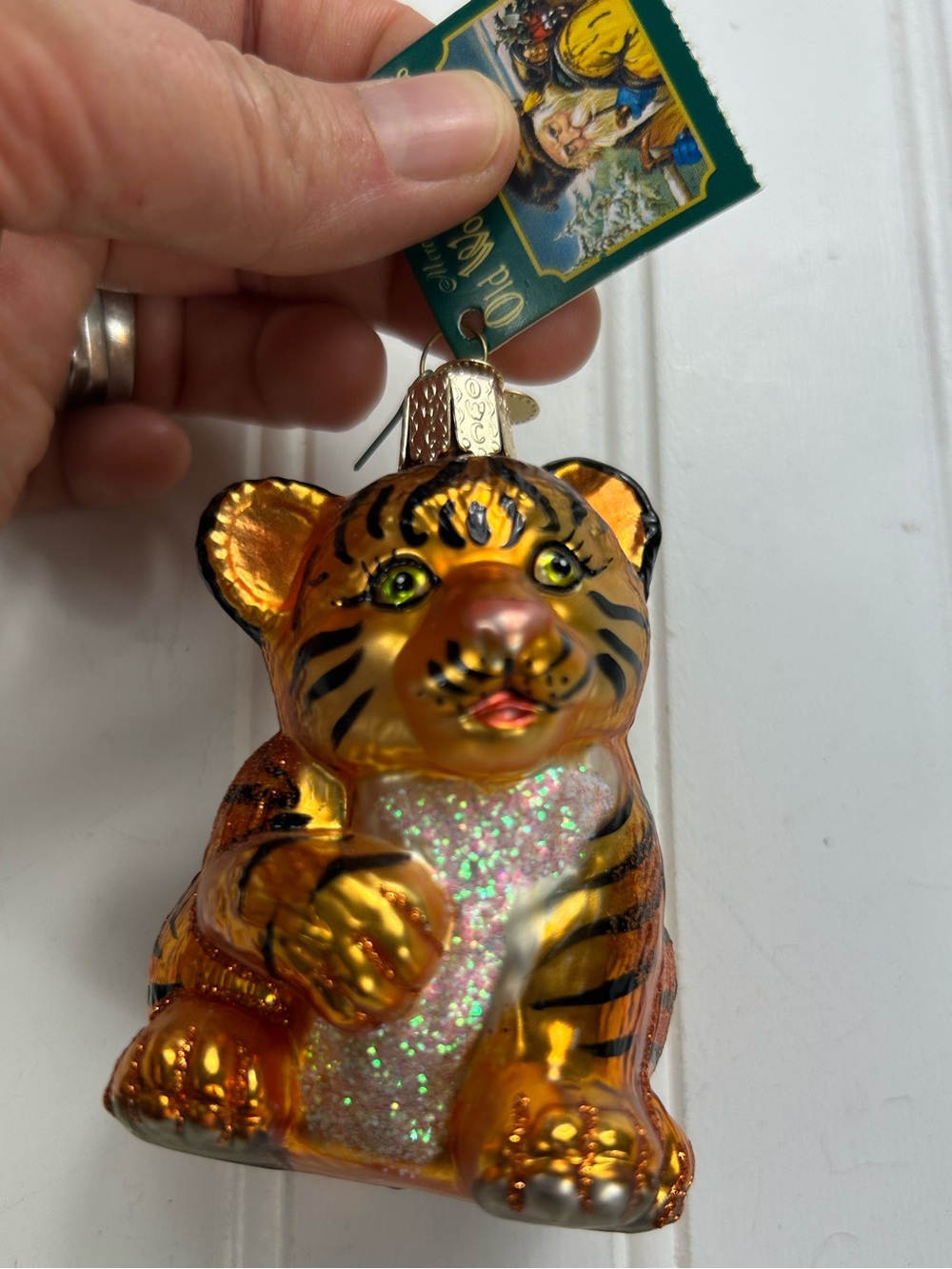 Vintage Ornament Glass Tiger Cub Old World Christmas Gold Orange Glitter